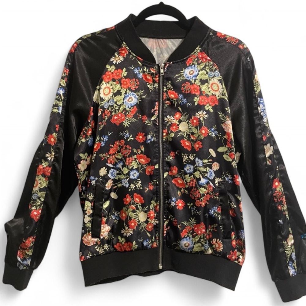 Trendy Women's Satin Floral Bomber Jacket Black Multi-Color Size M